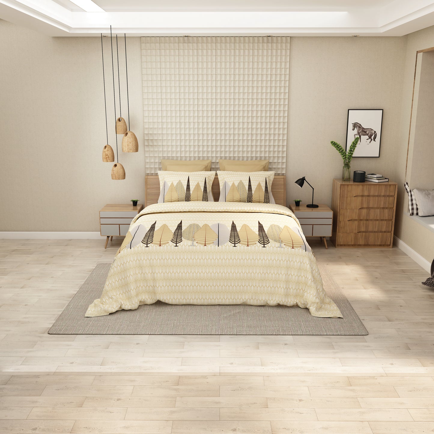Premium Cotton Bedsheet Set – Warm Yellow with Elegant Tree Patterns
