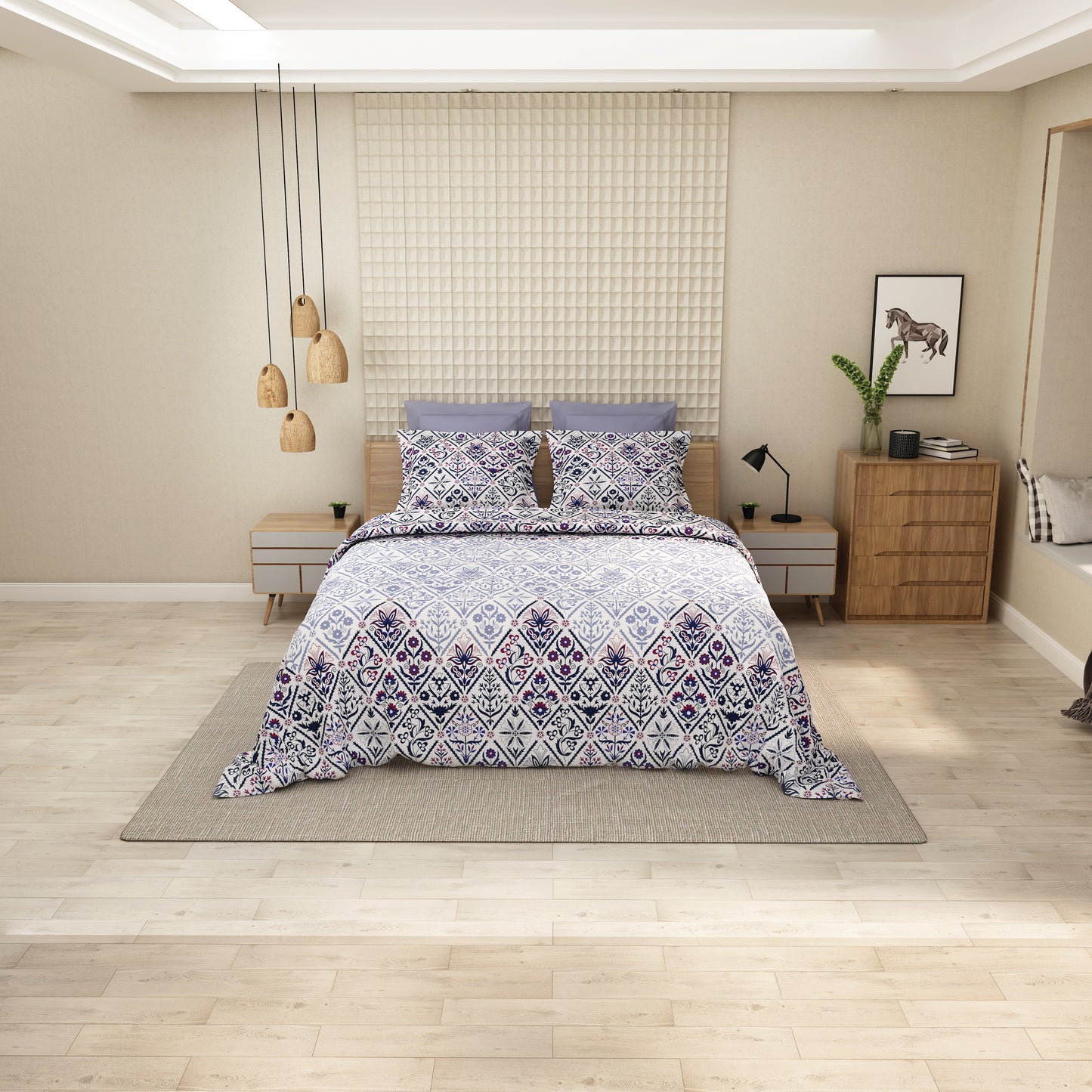 Luxurious Soft Cotton Bedsheet Set – Blue & Purple Ethnic Motif