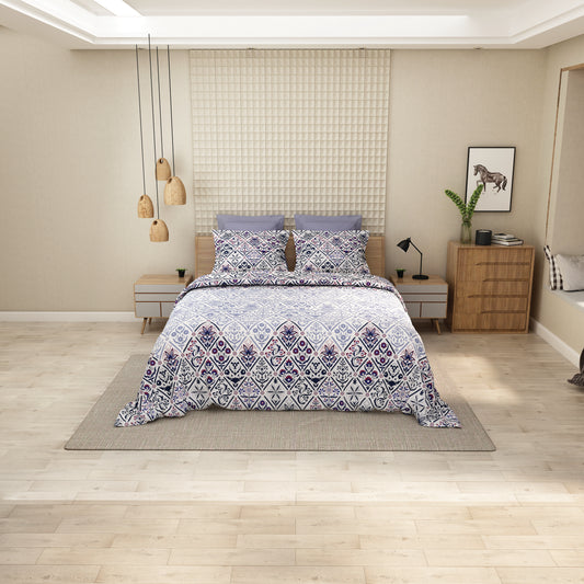 Luxurious Soft Cotton Bedsheet Set – Blue & Purple Ethnic Motif