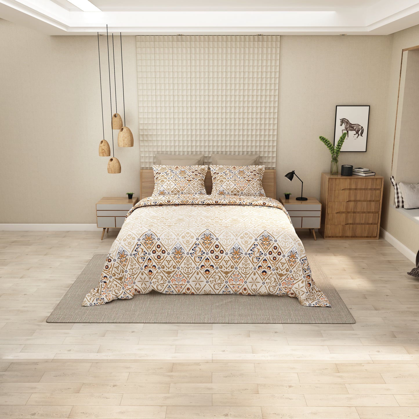 Premium Beige & Gold Printed Bedsheet with Pillow Covers
