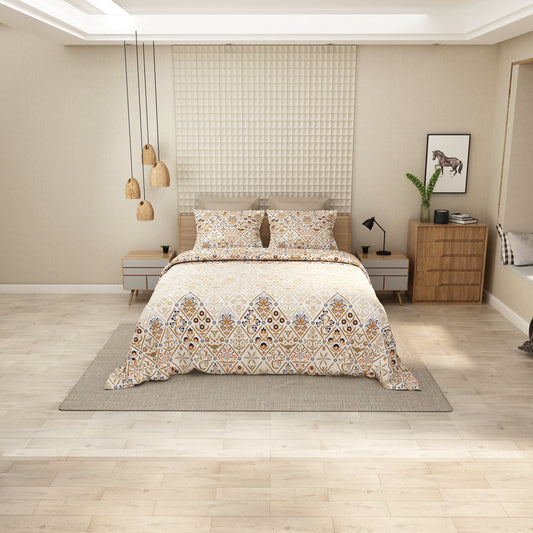 Premium Beige & Gold Printed Bedsheet with Pillow Covers