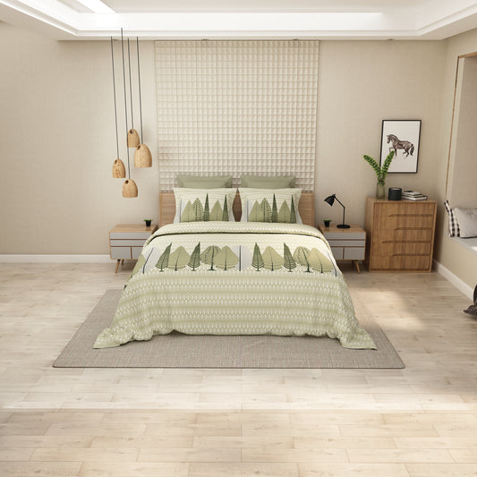 Green Haven – Modern Minimalist Tree Design Bedsheet with Earthy Tree Print