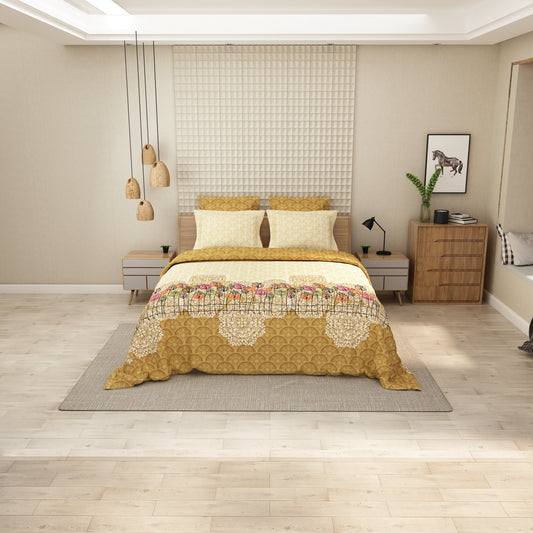 Artistic Bedsheet in Warm Yellows and Earthy Prints