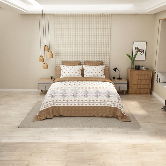 Calm White Bedsheet with Brown & Lavender Print