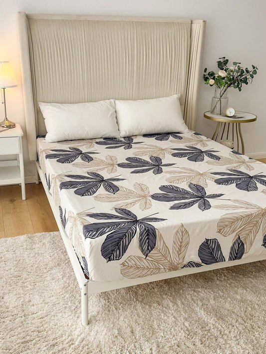 Beige & Blue Leaf Bedsheet for Modern Bedrooms
