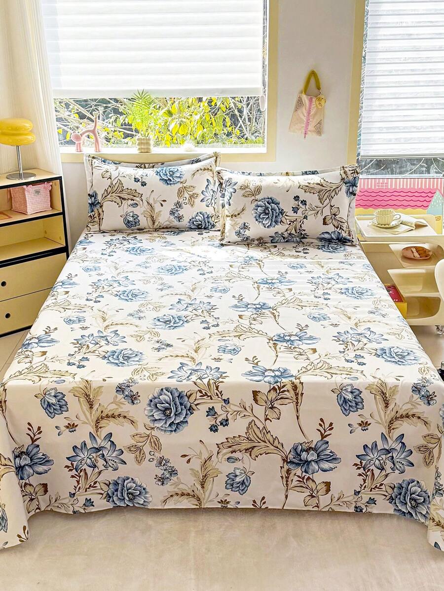 Luxurious Blue Rose Printed Cotton Bedsheet