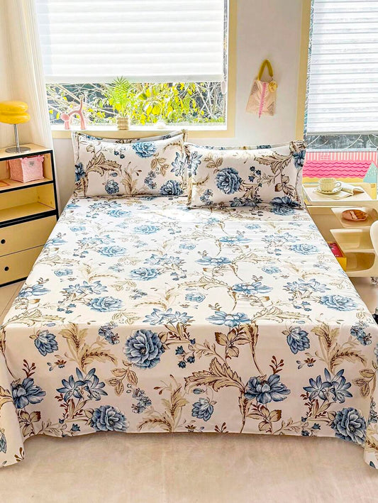 Luxurious Blue Rose Printed Cotton Bedsheet