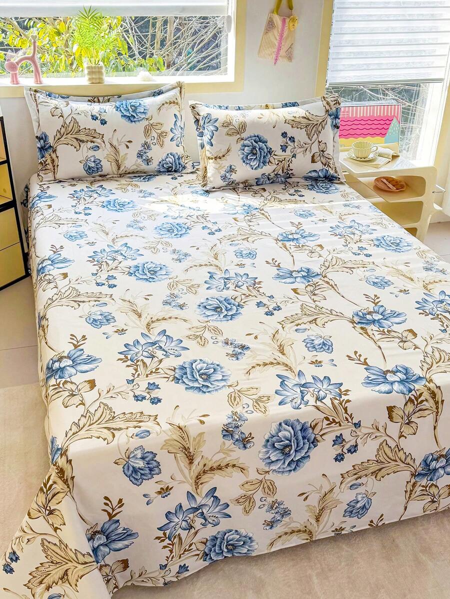 Luxurious Blue Rose Printed Cotton Bedsheet