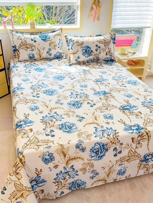 Luxurious Blue Rose Printed Cotton Bedsheet