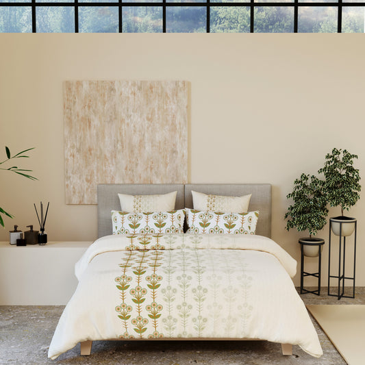 Soft Cotton Bedsheet with Delicate Green & Ochre Floral Print